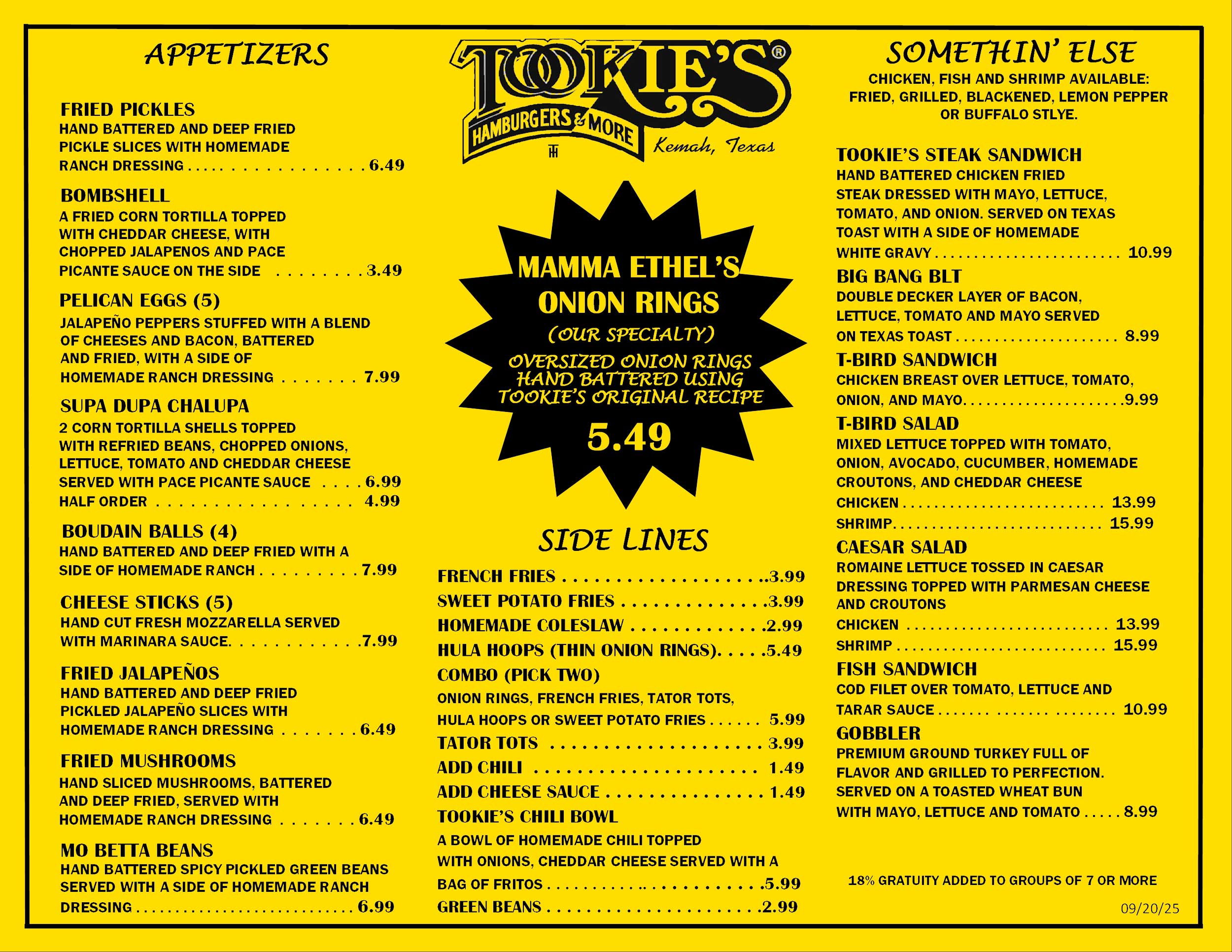 Tookies Burgers Menu Page 1